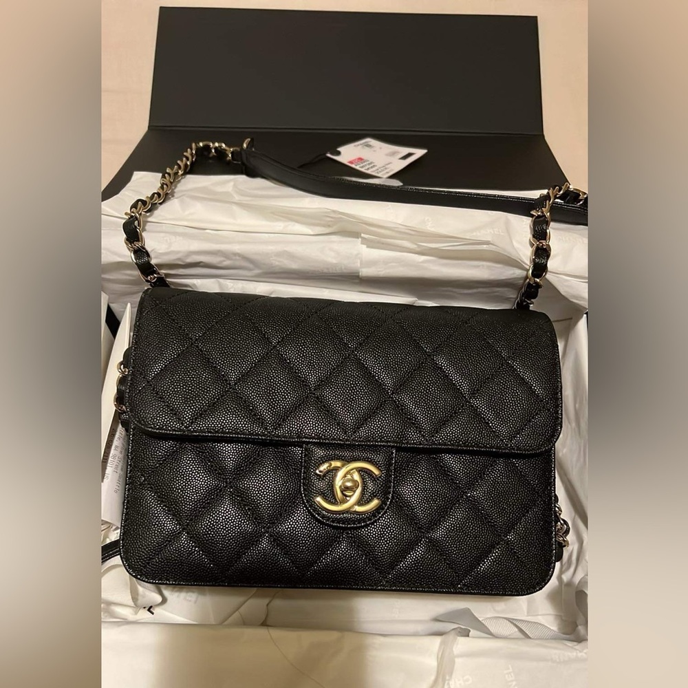 New Chanel “Like A Wallet” Flap Bag in black caviar leather, gold hardware